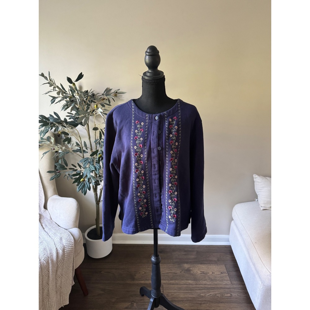 Shenanigans Navy Blue Floral Embroidered Button Front Fleece Cardigan XL